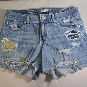Rewash Women's Blue Distressed Denim 90's Short Shorts Glitter Patch Size 9/29